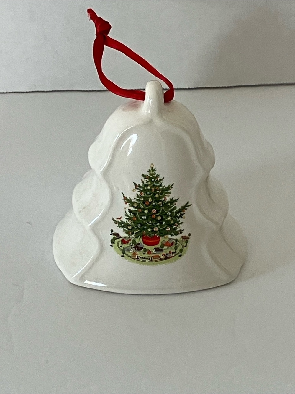 Pfaltzgraff 1993 Bell Ornament with Green Christmas Tree and Red Ribbon